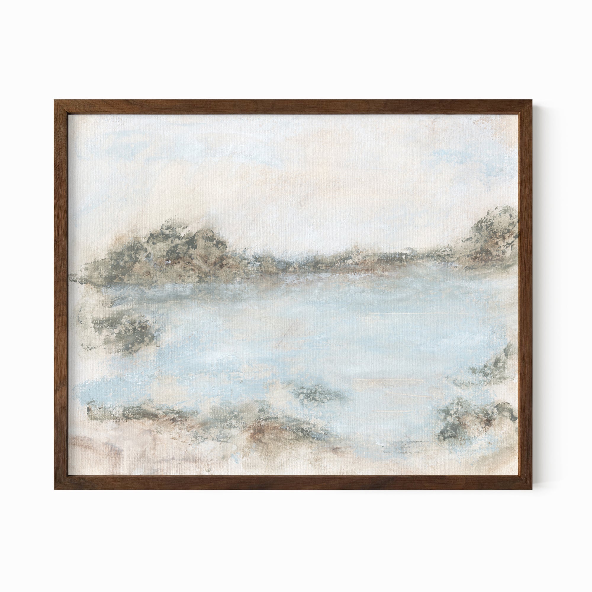 Rest - soft muted abstract landscape original painting fine are print in green, blue, beige, gray, cream, brown and white; framed in walnut stain oak by NLS Design. Large neutral wall art for living rooms, bedrooms, and above sofas.