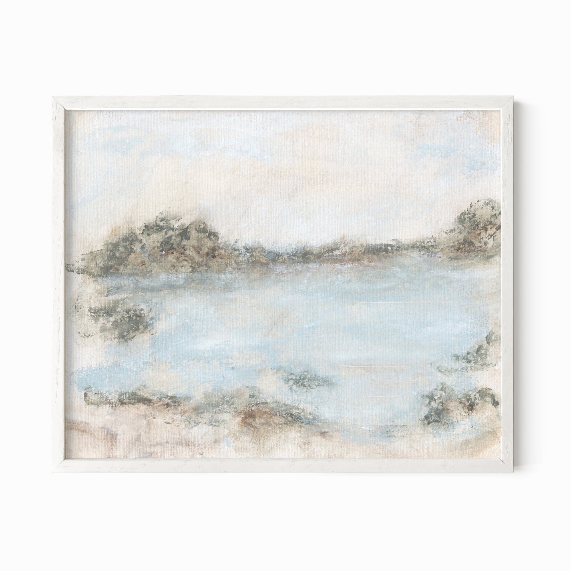Rest - soft muted abstract landscape original painting fine are print in green, blue, beige, gray, cream, brown and white; framed in white oak by NLS Design. Large neutral wall art for living rooms, bedrooms, and above sofas.
