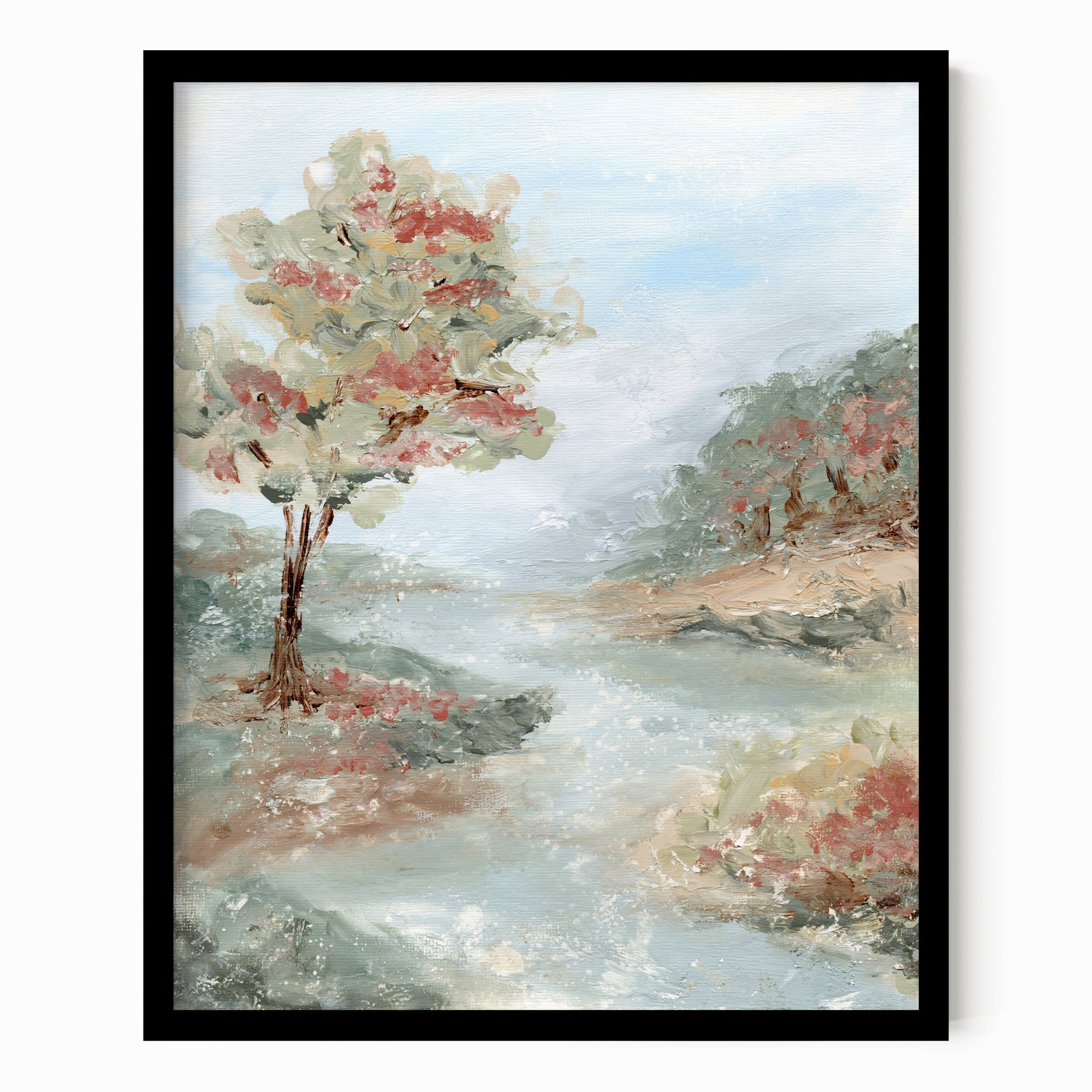 Riverland - River landscape painting art print combining earthy greens and blue greens with light blue, gray, beige, terra cotta, creamy yellow, muted pink and red, and white; framed in black oak by NLS Design. Large neutral wall art for living rooms, bedrooms, entryways, offices, and above the couch and above the bed. Modern farmhouse, cottage, rustic impressionistic, country. Pottery Barn dupe, Serena &amp; Lily, Magnolia, Crate &amp; Barrel, and McGee style. Real art by a real artist - NO AI. nlsdesignllc.com