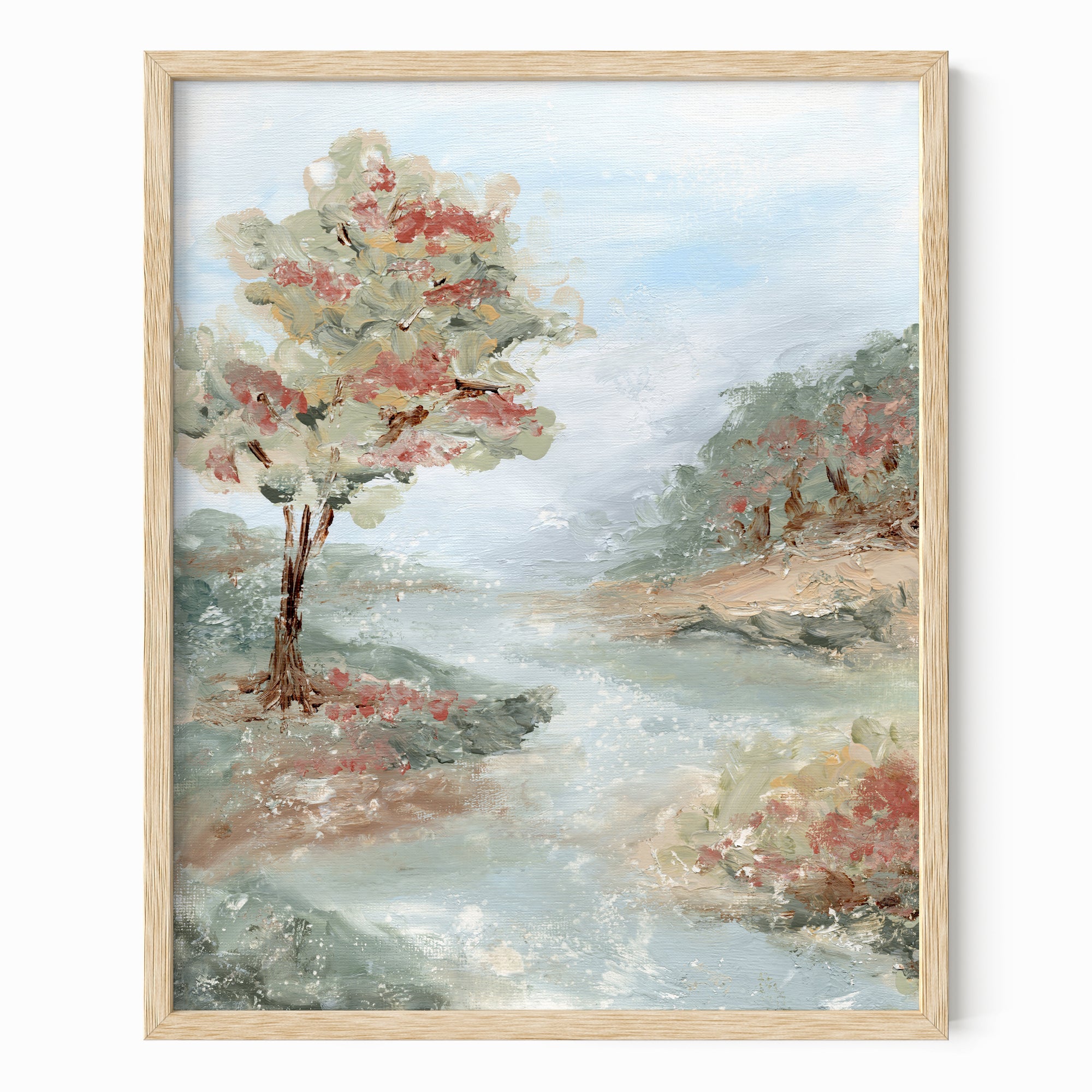 Riverland - River landscape painting art print combining earthy greens and blue greens with light blue, gray, beige, terra cotta, creamy yellow, muted pink and red, and white; framed in natural oak by NLS Design. Large neutral wall art for living rooms, bedrooms, entryways, offices, and above the couch and above the bed. Modern farmhouse, cottage, rustic impressionistic, country. Pottery Barn dupe, Serena &amp; Lily, Magnolia, Crate &amp; Barrel, and McGee style. Real art by a real artist - NO AI. nlsdesignllc.com