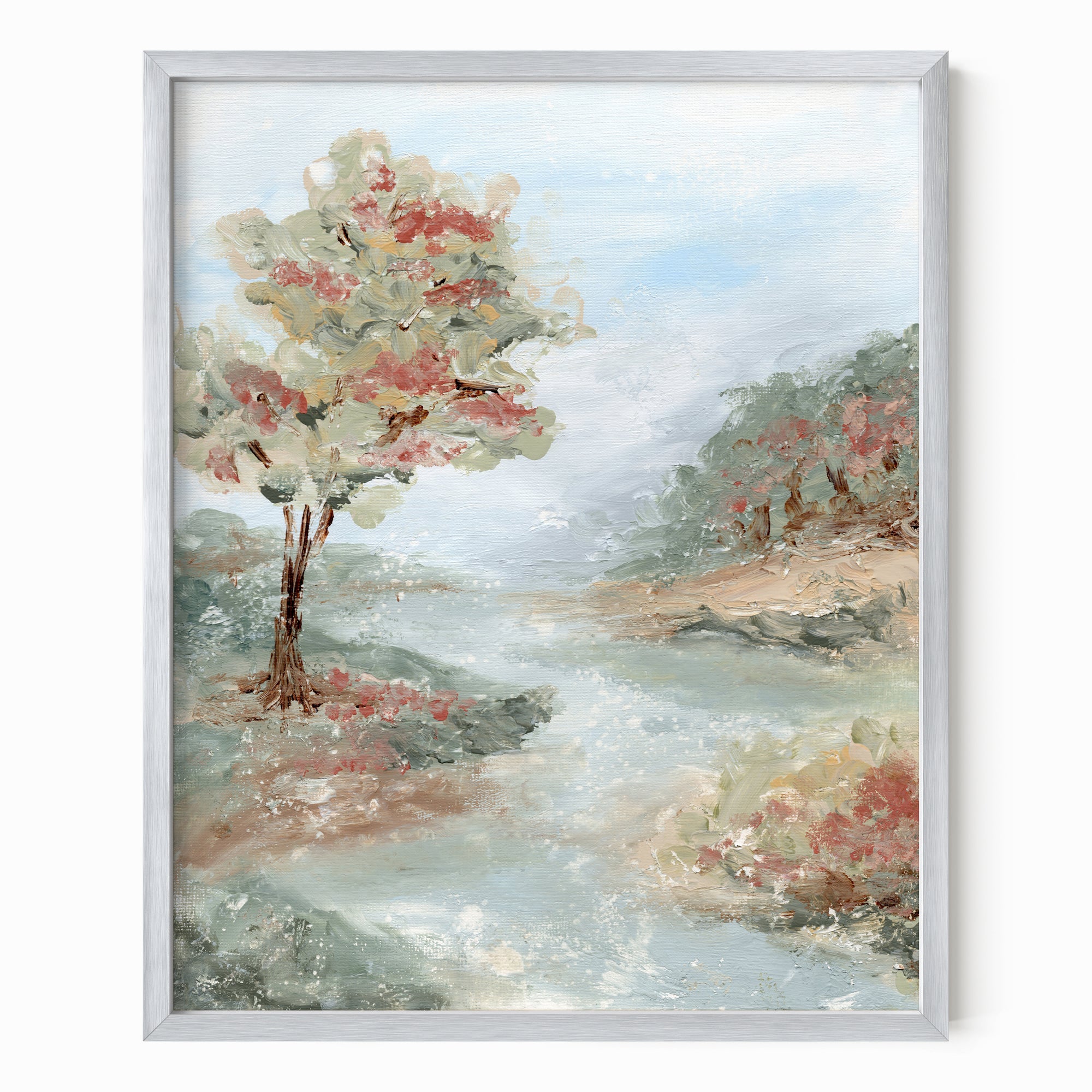 Riverland - River landscape painting art print combining earthy greens and blue greens with light blue, gray, beige, terra cotta, creamy yellow, muted pink and red, and white; framed in silver metal by NLS Design. Large neutral wall art for living rooms, bedrooms, entryways, offices, and above the couch and above the bed. Modern farmhouse, cottage, rustic impressionistic, country. Pottery Barn dupe, Serena &amp; Lily, Magnolia, Crate &amp; Barrel, and McGee style. Real art by a real artist - NO AI. nlsdesignllc.com