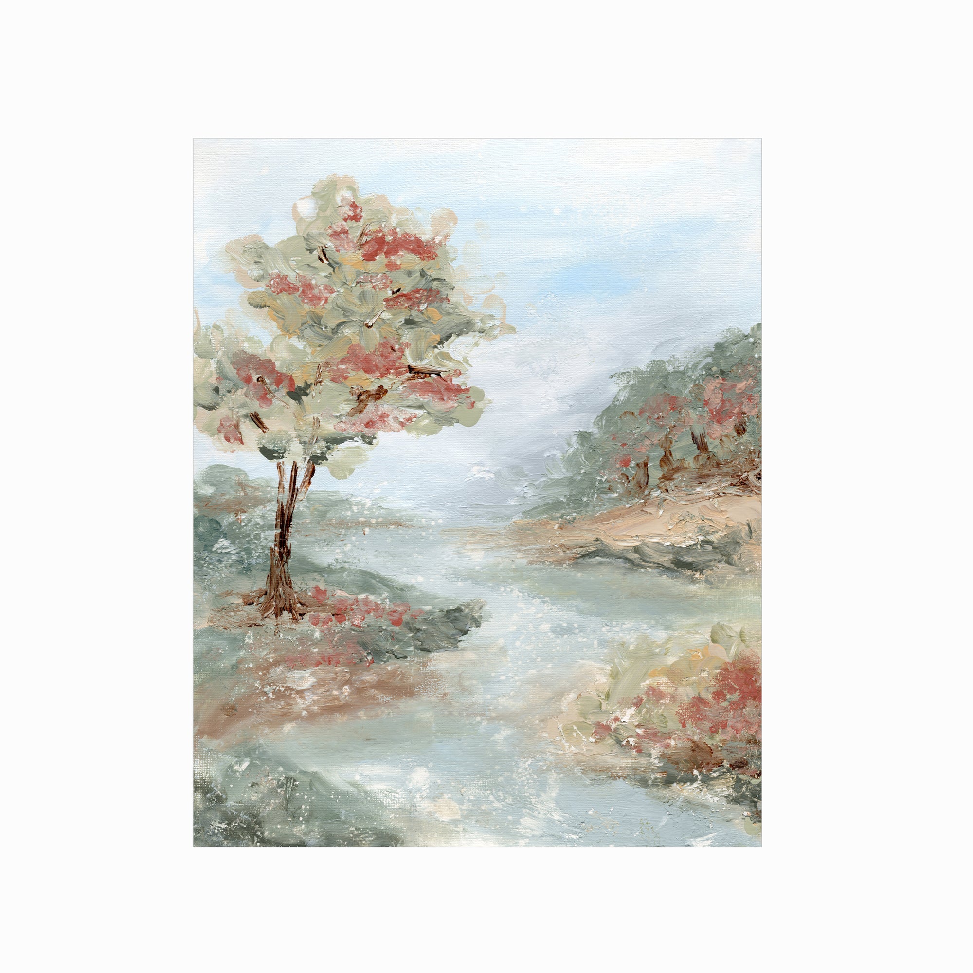 Riverland - River landscape painting art print combining earthy greens and blue greens with light blue, gray, beige, terra cotta, creamy yellow, muted pink and red, and white; unframed by NLS Design. Large neutral wall art for living rooms, bedrooms, entryways, offices, and above the couch and above the bed. Modern farmhouse, cottage, rustic impressionistic, country. Pottery Barn dupe, Serena &amp; Lily, Magnolia, Crate &amp; Barrel, and McGee style. Real art by a real artist - NO AI. nlsdesignllc.com