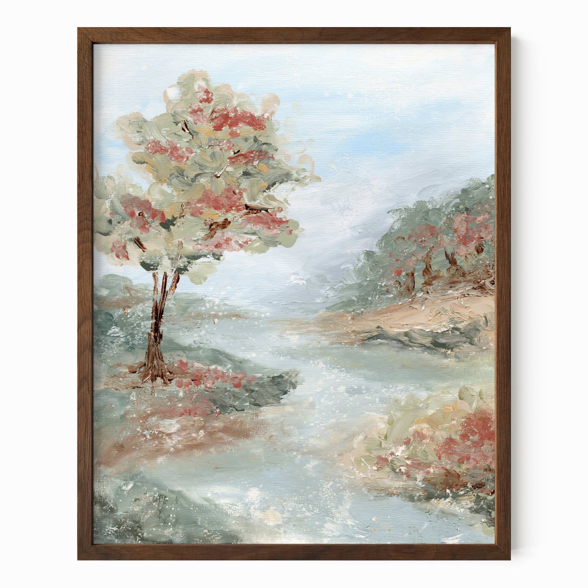 Riverland - River landscape painting art print combining earthy greens and blue greens with light blue, gray, beige, terra cotta, creamy yellow, muted pink and red, and white; framed in walnut oak by NLS Design. Large neutral wall art for living rooms, bedrooms, entryways, offices, and above the couch and above the bed. Modern farmhouse, cottage, rustic impressionistic, country. Pottery Barn dupe, Serena &amp; Lily, Magnolia, Crate &amp; Barrel, and McGee style. Real art by a real artist - NO AI. nlsdesignllc.com