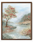 Riverland - River landscape painting art print combining earthy greens and blue greens with light blue, gray, beige, terra cotta, creamy yellow, muted pink and red, and white; framed in walnut oak by NLS Design. Large neutral wall art for living rooms, bedrooms, entryways, offices, and above the couch and above the bed. Modern farmhouse, cottage, rustic impressionistic, country. Pottery Barn dupe, Serena & Lily, Magnolia, Crate & Barrel, and McGee style. Real art by a real artist - NO AI. nlsdesignllc.com