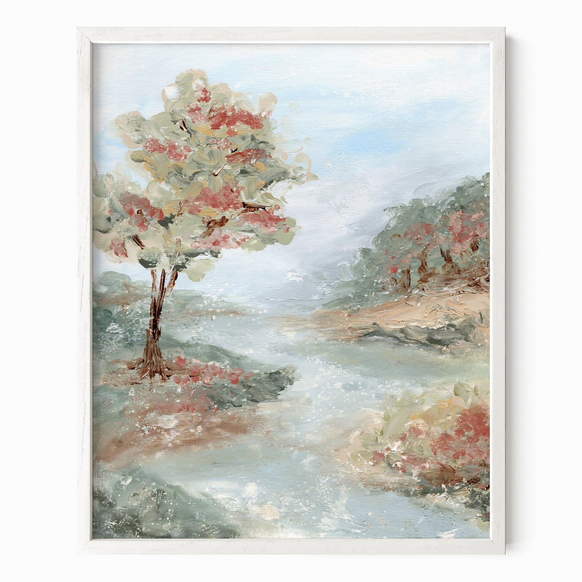 Riverland - River landscape painting art print combining earthy greens and blue greens with light blue, gray, beige, terra cotta, creamy yellow, muted pink and red, and white; framed in white oak by NLS Design. Large neutral wall art for living rooms, bedrooms, entryways, offices, and above the couch and above the bed. Modern farmhouse, cottage, rustic impressionistic, country. Pottery Barn dupe, Serena &amp; Lily, Magnolia, Crate &amp; Barrel, and McGee style. Real art by a real artist - NO AI. nlsdesignllc.com