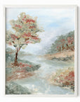 Riverland - River landscape painting art print combining earthy greens and blue greens with light blue, gray, beige, terra cotta, creamy yellow, muted pink and red, and white; framed in white oak by NLS Design. Large neutral wall art for living rooms, bedrooms, entryways, offices, and above the couch and above the bed. Modern farmhouse, cottage, rustic impressionistic, country. Pottery Barn dupe, Serena & Lily, Magnolia, Crate & Barrel, and McGee style. Real art by a real artist - NO AI. nlsdesignllc.com