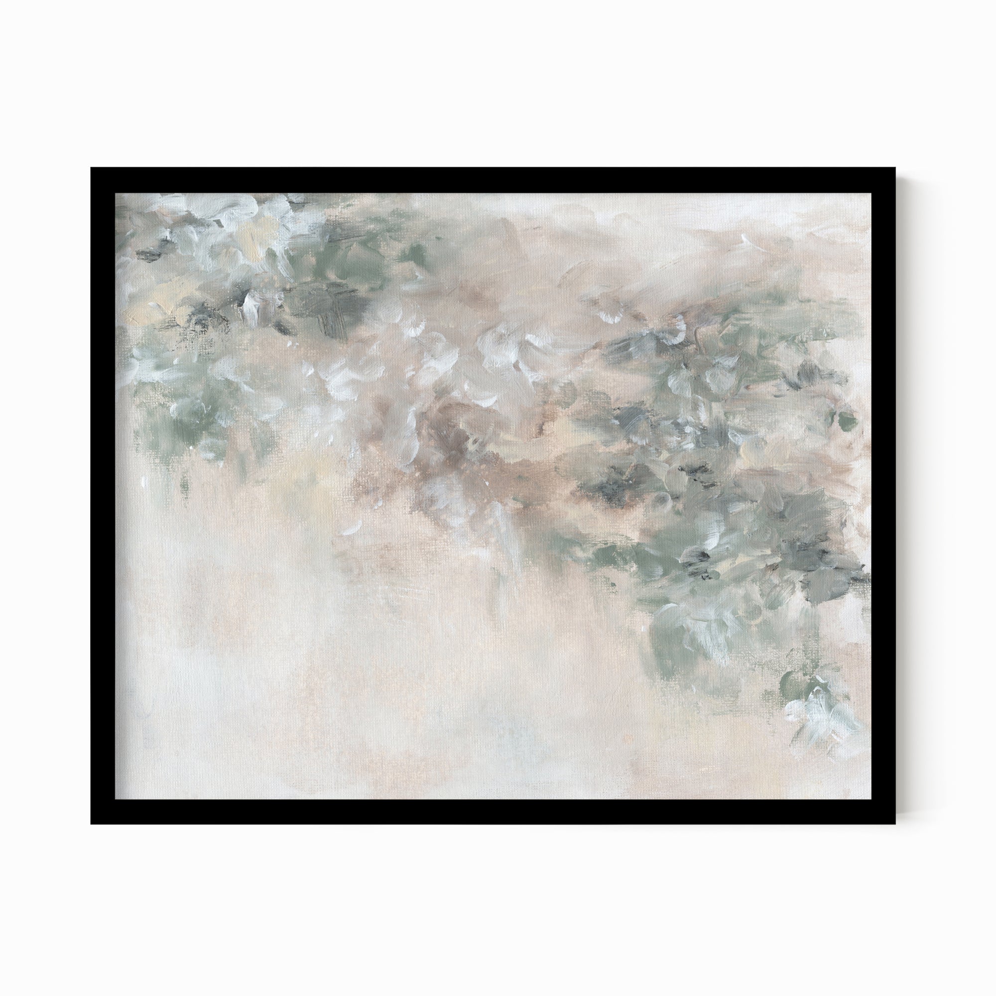 Sage - abstract floral botanical original painting fine are print in green, beige, gray, cream, brown and white; framed in black oak by NLS Design. Large neutral wall art for living rooms, bedrooms, entryways, offices, bathrooms, and above sofas and beds.