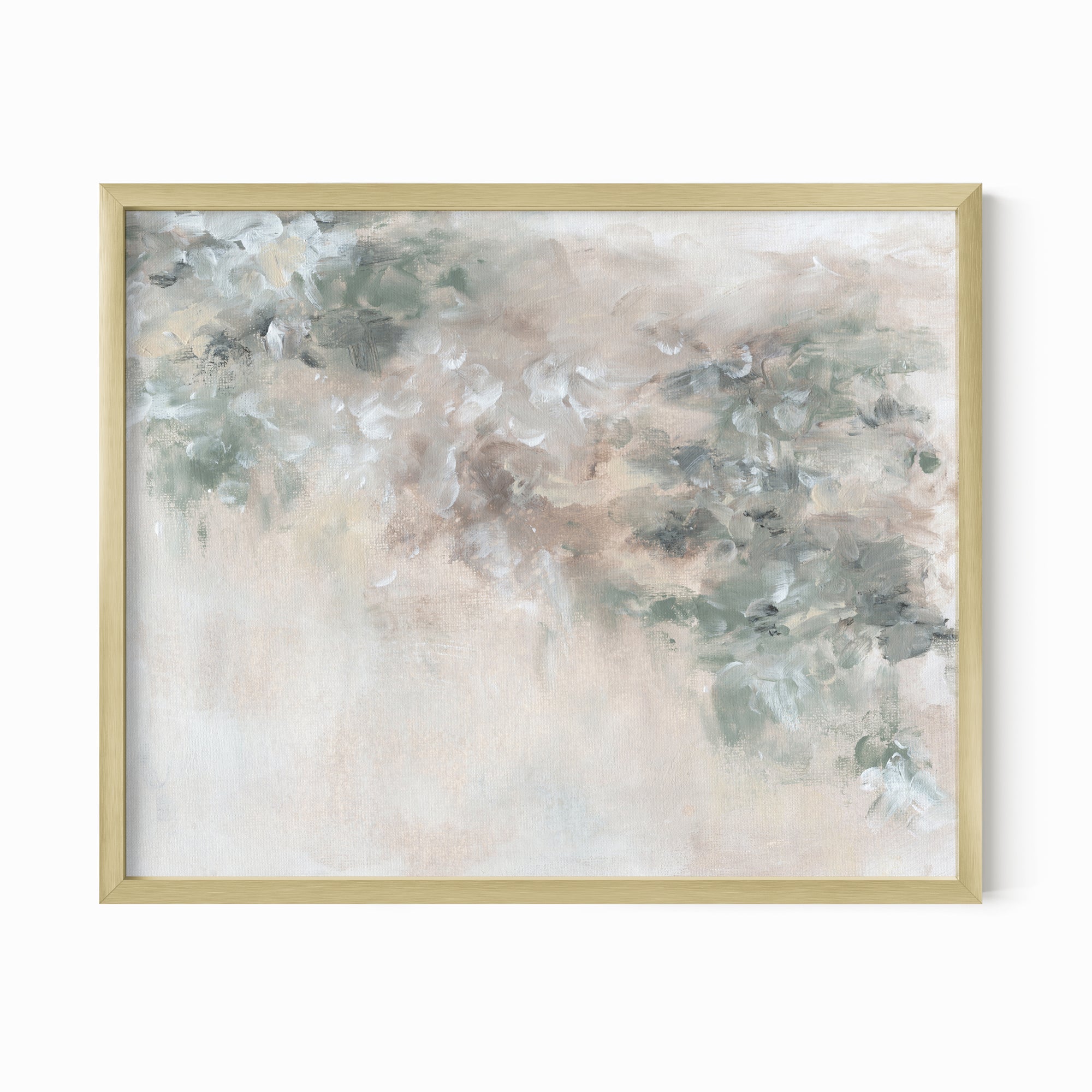 Sage - abstract floral botanical original painting fine are print in green, beige, gray, cream, brown and white; framed in gold metal by NLS Design. Large neutral wall art for living rooms, bedrooms, entryways, offices, bathrooms, and above sofas and beds.