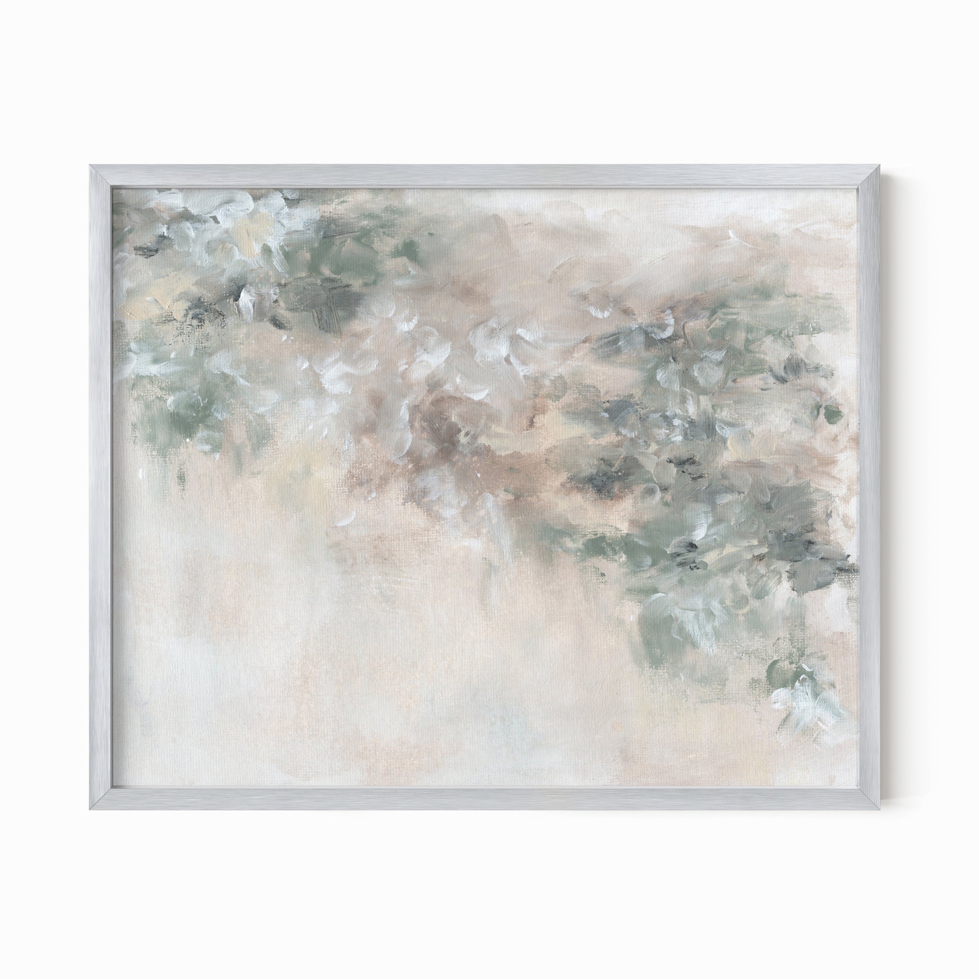 Sage - abstract floral botanical original painting fine are print in green, beige, gray, cream, brown and white; framed in silver metal by NLS Design. Large neutral wall art for living rooms, bedrooms, entryways, offices, bathrooms, and above sofas and beds.