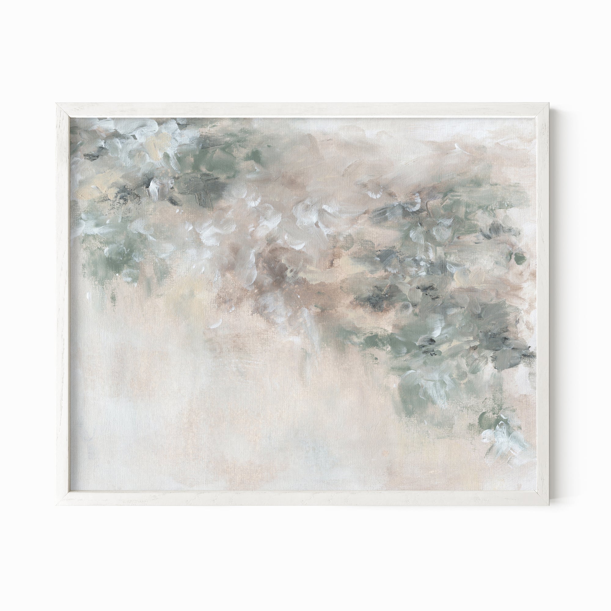 Sage - abstract floral botanical original painting fine are print in green, beige, gray, cream, brown and white; framed in white oak by NLS Design. Large neutral wall art for living rooms, bedrooms, entryways, offices, bathrooms, and above sofas and beds.
