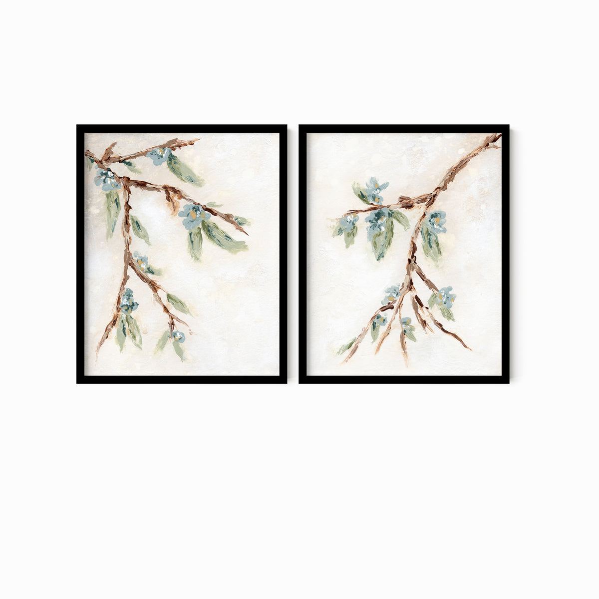 Alina I and II is a set of two abstract botanical floral paintings in warm beige, cream, tan, cognac brown, deep brown, eucalyptus green, blue green, earthy green, light blue, golden yellow, deep royal blue, and white; black oak frame by NLS Design. Large neutral gallery wall art for living rooms, bedrooms, entryways, offices, bathrooms, and above the couch and above the bed. Vertical Sizes: 8x10, 11x14, 16x20, 18x24, 24x36 inches.  Artwork by NLS Design, nlsdesignllc.com. Real art by a real artist, NO AI