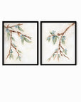 Alina I and II is a set of two abstract botanical floral paintings in warm beige, cream, tan, cognac brown, deep brown, eucalyptus green, blue green, earthy green, light blue, golden yellow, deep royal blue, and white; black oak frame by NLS Design. Large neutral gallery wall art for living rooms, bedrooms, entryways, offices, bathrooms, and above the couch and above the bed. Vertical Sizes: 8x10, 11x14, 16x20, 18x24, 24x36 inches.  Artwork by NLS Design, nlsdesignllc.com. Real art by a real artist, NO AI