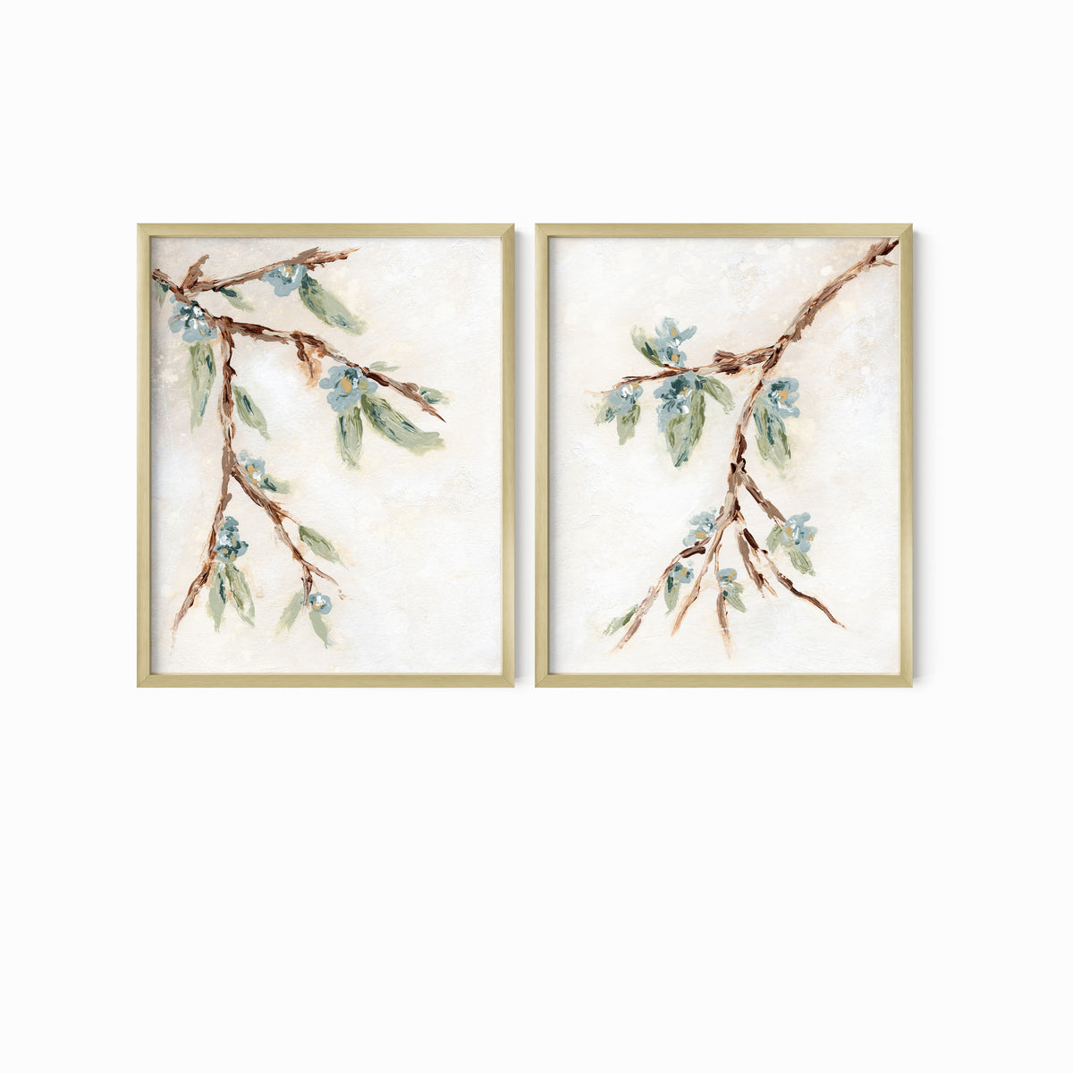 Alina I and II is a set of two abstract botanical floral paintings in warm beige, cream, tan, cognac brown, deep brown, eucalyptus green, blue green, earthy green, light blue, golden yellow, deep royal blue, and white; gold metal frame by NLS Design. Large neutral gallery wall art for living rooms, bedrooms, entryways, offices, bathrooms, and above the couch and above the bed. Vertical Sizes: 8x10, 11x14, 16x20, 18x24, 24x36 inches.  Artwork by NLS Design, nlsdesignllc.com. Real art by a real artist, NO AI