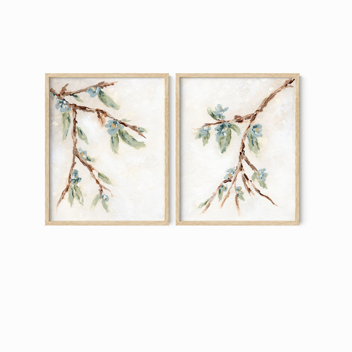 Alina I and II is a set of two abstract botanical floral paintings in warm beige, cream, tan, cognac brown, deep brown, eucalyptus green, blue green, earthy green, light blue, golden yellow, deep royal blue, and white; natural oak frame by NLS Design. Large neutral gallery wall art for living rooms, bedrooms, entryways, offices, bathrooms, and above the couch and above the bed. Vertical Sizes: 8x10, 11x14, 16x20, 18x24, 24x36 inches.  Artwork by NLS Design, nlsdesignllc.com. Real art by a real artist, NO AI