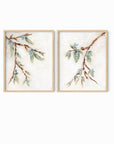 Alina I and II is a set of two abstract botanical floral paintings in warm beige, cream, tan, cognac brown, deep brown, eucalyptus green, blue green, earthy green, light blue, golden yellow, deep royal blue, and white; natural oak frame by NLS Design. Large neutral gallery wall art for living rooms, bedrooms, entryways, offices, bathrooms, and above the couch and above the bed. Vertical Sizes: 8x10, 11x14, 16x20, 18x24, 24x36 inches.  Artwork by NLS Design, nlsdesignllc.com. Real art by a real artist, NO AI