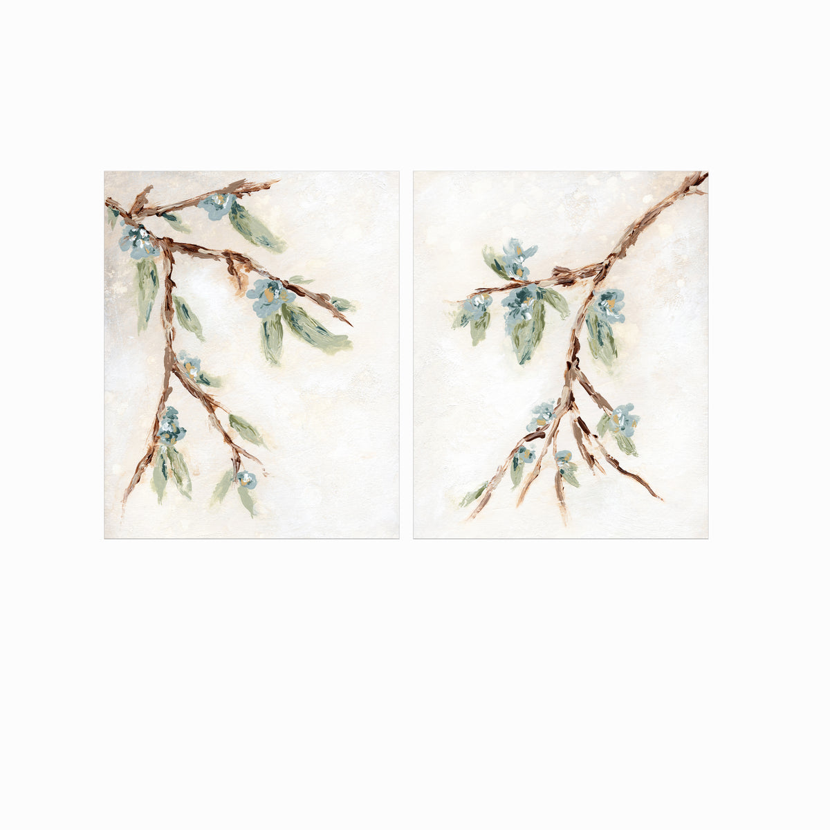 Alina I and II is a set of two abstract botanical floral paintings in warm beige, cream, tan, cognac brown, deep brown, eucalyptus green, blue green, earthy green, light blue, golden yellow, deep royal blue, and white; unframed by NLS Design. Large neutral gallery wall art for living rooms, bedrooms, entryways, offices, bathrooms, and above the couch and above the bed. Vertical Sizes: 8x10, 11x14, 16x20, 18x24, 24x36 inches.  Artwork by NLS Design, nlsdesignllc.com. Real art by a real artist, NO AI