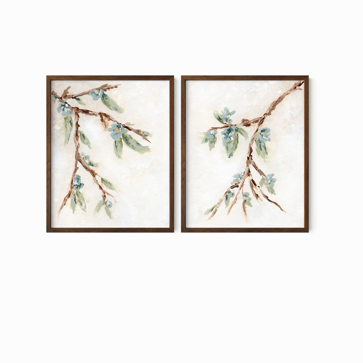 Alina I and II is a set of two abstract botanical floral paintings in warm beige, cream, tan, cognac brown, deep brown, eucalyptus green, blue green, earthy green, light blue, golden yellow, deep royal blue, and white; walnut oak frame by NLS Design. Large neutral gallery wall art for living rooms, bedrooms, entryways, offices, bathrooms, and above the couch and above the bed. Vertical Sizes: 8x10, 11x14, 16x20, 18x24, 24x36 inches.  Artwork by NLS Design, nlsdesignllc.com. Real art by a real artist, NO AI