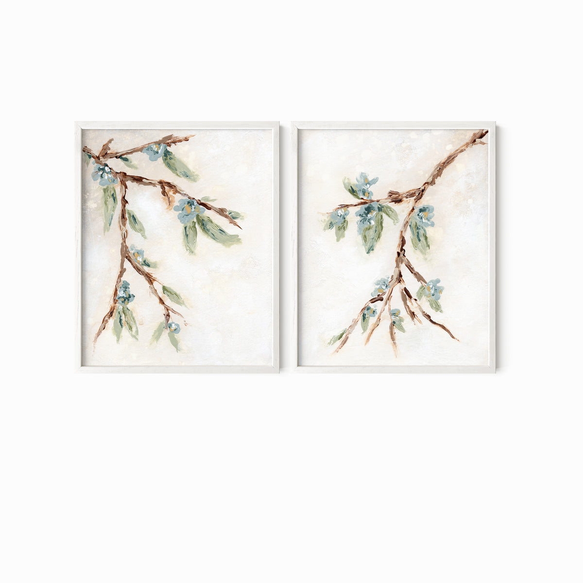Alina I and II is a set of two abstract botanical floral paintings in warm beige, cream, tan, cognac brown, deep brown, eucalyptus green, blue green, earthy green, light blue, golden yellow, deep royal blue, and white; white oak frame by NLS Design. Large neutral gallery wall art for living rooms, bedrooms, entryways, offices, bathrooms, and above the couch and above the bed. Vertical Sizes: 8x10, 11x14, 16x20, 18x24, 24x36 inches.  Artwork by NLS Design, nlsdesignllc.com. Real art by a real artist, NO AI