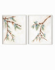 Alina I and II is a set of two abstract botanical floral paintings in warm beige, cream, tan, cognac brown, deep brown, eucalyptus green, blue green, earthy green, light blue, golden yellow, deep royal blue, and white; white oak frame by NLS Design. Large neutral gallery wall art for living rooms, bedrooms, entryways, offices, bathrooms, and above the couch and above the bed. Vertical Sizes: 8x10, 11x14, 16x20, 18x24, 24x36 inches.  Artwork by NLS Design, nlsdesignllc.com. Real art by a real artist, NO AI