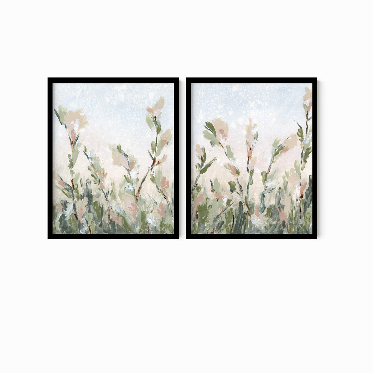 Tending Set of 2 - Tending I and II is a set of two abstract botanical floral paintings in sage green, jade green, moss green, light green, pale blue gray, beige, cream, dusty mauve pink, cognac brown, and white; black oak frame by NLS Design. Large neutral gallery wall art for living rooms, bedrooms, entryways, offices, bathrooms, and above the couch and above the bed. Vertical (each piece): 8x10, 11x14, 16x20, 18x24, 24x36, 30x40, 40x60 in. Artwork by NLS Design, nlsdesignllc.com. Cottage, farmhouse