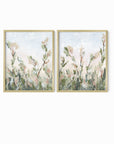 Tending Set of 2 - Tending I and II is a set of two abstract botanical floral paintings in sage green, jade green, moss green, light green, pale blue gray, beige, cream, dusty mauve pink, cognac brown, and white; gold metal frame by NLS Design. Large neutral gallery wall art for living rooms, bedrooms, entryways, offices, bathrooms, and above the couch and above the bed. Vertical (each piece): 8x10, 11x14, 16x20, 18x24, 24x36, 30x40, 40x60 in. Artwork by NLS Design, nlsdesignllc.com. Garden, nature