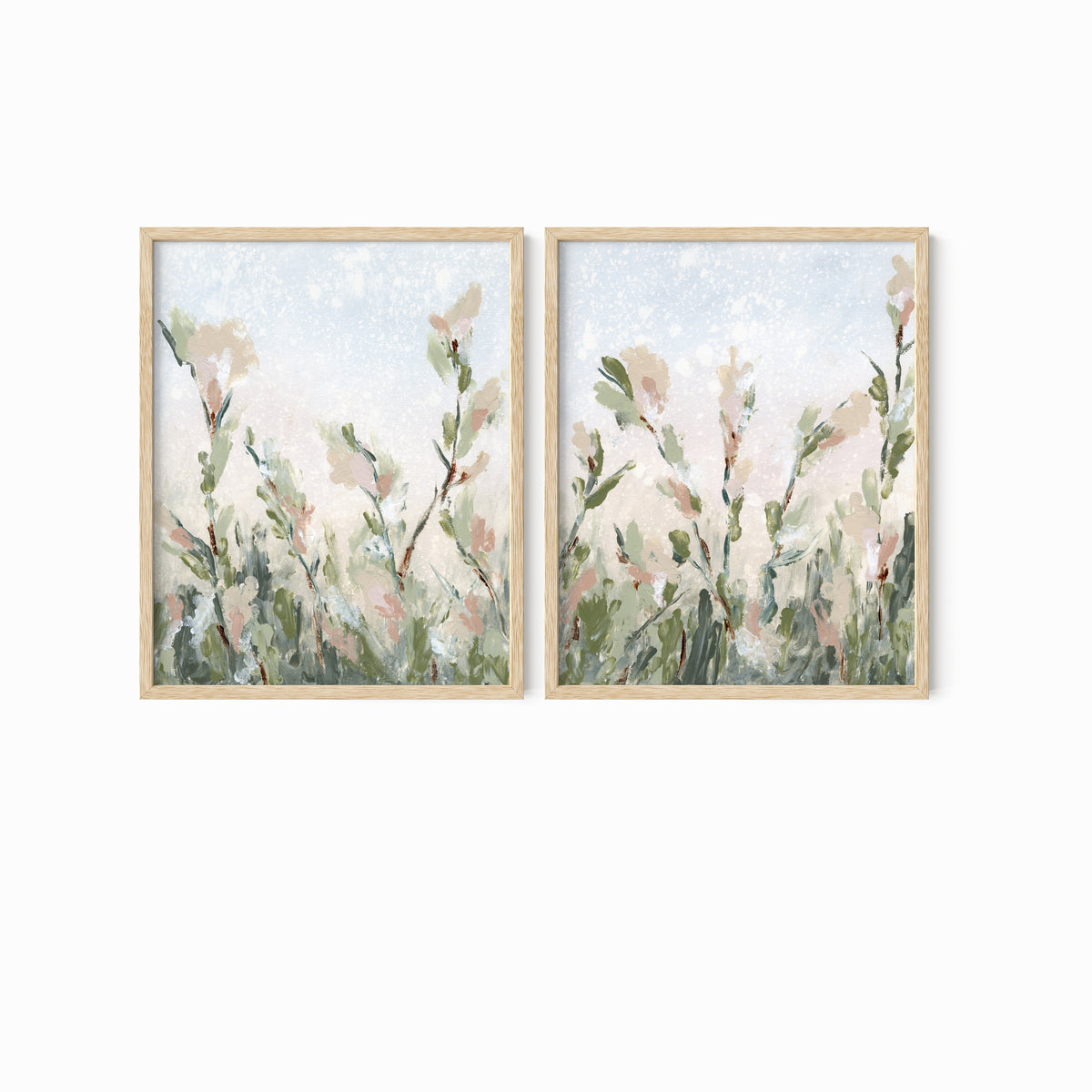 Tending Set of 2 - Tending I and II is a set of two abstract botanical floral paintings in sage green, jade green, moss green, light green, pale blue gray, beige, cream, dusty mauve pink, cognac brown, and white; natural oak frame by NLS Design. Large neutral gallery wall art for living rooms, bedrooms, entryways, offices, bathrooms, and above the couch and above the bed. Vertical (each piece): 8x10, 11x14, 16x20, 18x24, 24x36, 30x40, 40x60 in. Artwork by NLS Design, nlsdesignllc.com. Cottage, farmhouse