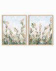 Tending Set of 2 - Tending I and II is a set of two abstract botanical floral paintings in sage green, jade green, moss green, light green, pale blue gray, beige, cream, dusty mauve pink, cognac brown, and white; natural oak frame by NLS Design. Large neutral gallery wall art for living rooms, bedrooms, entryways, offices, bathrooms, and above the couch and above the bed. Vertical (each piece): 8x10, 11x14, 16x20, 18x24, 24x36, 30x40, 40x60 in. Artwork by NLS Design, nlsdesignllc.com. Cottage, farmhouse