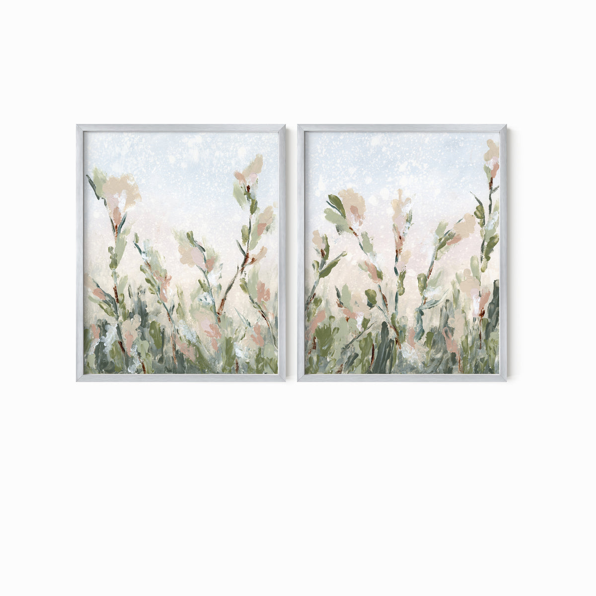 Tending Set of 2 - Tending I and II is a set of two abstract botanical floral paintings in sage green, jade green, moss green, light green, pale blue gray, beige, cream, dusty mauve pink, cognac brown, and white; silver metal frame by NLS Design. Large neutral gallery wall art for living rooms, bedrooms, entryways, offices, bathrooms, and above the couch and above the bed. Vertical (each piece): 8x10, 11x14, 16x20, 18x24, 24x36, 30x40, 40x60 in. Artwork by NLS Design, nlsdesignllc.com. Garden, nature