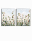 Tending Set of 2 - Tending I and II is a set of two abstract botanical floral paintings in sage green, jade green, moss green, light green, pale blue gray, beige, cream, dusty mauve pink, cognac brown, and white; silver metal frame by NLS Design. Large neutral gallery wall art for living rooms, bedrooms, entryways, offices, bathrooms, and above the couch and above the bed. Vertical (each piece): 8x10, 11x14, 16x20, 18x24, 24x36, 30x40, 40x60 in. Artwork by NLS Design, nlsdesignllc.com. Garden, nature