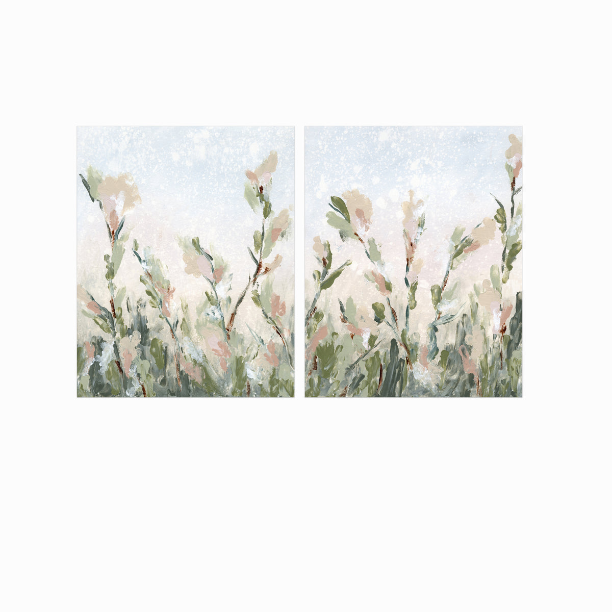 Tending Set of 2 - Tending I and II is a set of two abstract botanical floral paintings in sage green, jade green, moss green, light green, pale blue gray, beige, cream, dusty mauve pink, cognac brown, and white; unframed by NLS Design. Large neutral gallery wall art for living rooms, bedrooms, entryways, offices, bathrooms, and above the couch and above the bed. Vertical Sizes (each piece): 8x10, 11x14, 16x20, 18x24, 24x36, 30x40, 40x60 in. Artwork by NLS Design, nlsdesignllc.com. Cottage, farmhouse