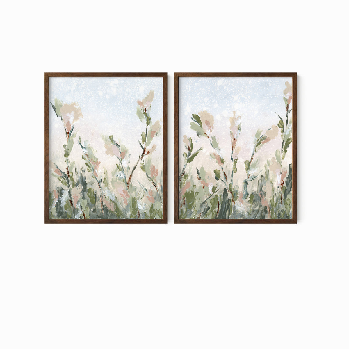 Tending Set of 2 - Tending I and II is a set of two abstract botanical floral paintings in sage green, jade green, moss green, light green, pale blue gray, beige, cream, dusty mauve pink, cognac brown, and white; walnut oak frame by NLS Design. Large neutral gallery wall art for living rooms, bedrooms, entryways, offices, bathrooms, and above the couch and above the bed. Vertical (each piece): 8x10, 11x14, 16x20, 18x24, 24x36, 30x40, 40x60 in. Artwork by NLS Design, nlsdesignllc.com. Cottage, farmhouse