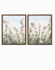 Tending Set of 2 - Tending I and II is a set of two abstract botanical floral paintings in sage green, jade green, moss green, light green, pale blue gray, beige, cream, dusty mauve pink, cognac brown, and white; walnut oak frame by NLS Design. Large neutral gallery wall art for living rooms, bedrooms, entryways, offices, bathrooms, and above the couch and above the bed. Vertical (each piece): 8x10, 11x14, 16x20, 18x24, 24x36, 30x40, 40x60 in. Artwork by NLS Design, nlsdesignllc.com. Cottage, farmhouse
