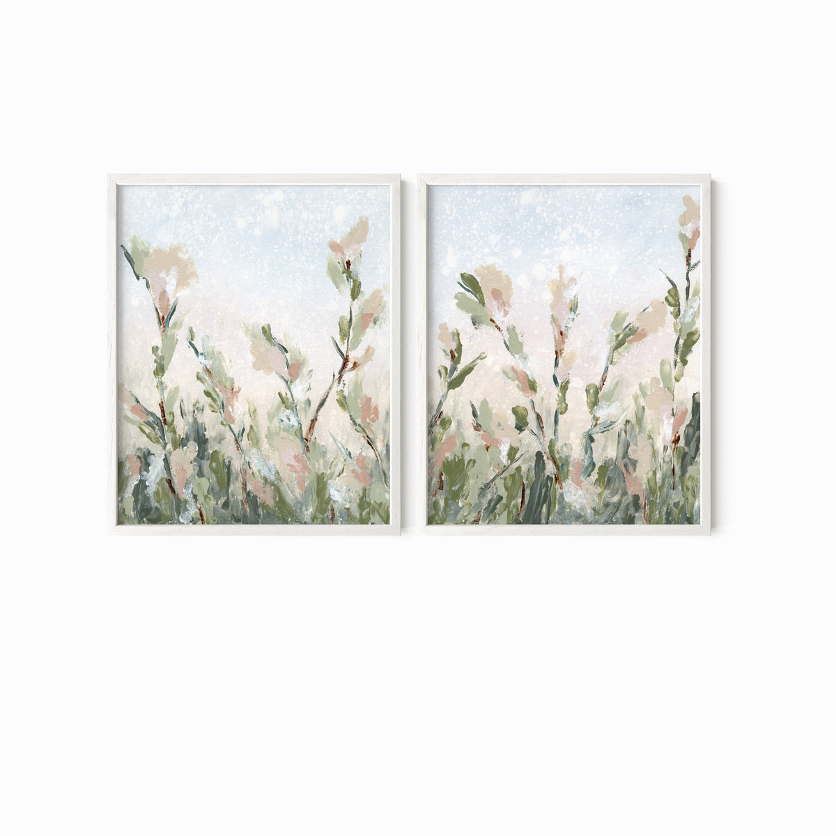 Tending Set of 2 - Tending I and II is a set of two abstract botanical floral paintings in sage green, jade green, moss green, light green, pale blue gray, beige, cream, dusty mauve pink, cognac brown, and white; white oak frame by NLS Design. Large neutral gallery wall art for living rooms, bedrooms, entryways, offices, bathrooms, and above the couch and above the bed. Vertical (each piece): 8x10, 11x14, 16x20, 18x24, 24x36, 30x40, 40x60 in. Artwork by NLS Design, nlsdesignllc.com. Cottage, farmhouse