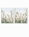 Tending Set of 2 - Tending I and II is a set of two abstract botanical floral paintings in sage green, jade green, moss green, light green, pale blue gray, beige, cream, dusty mauve pink, cognac brown, and white; white oak frame by NLS Design. Large neutral gallery wall art for living rooms, bedrooms, entryways, offices, bathrooms, and above the couch and above the bed. Vertical (each piece): 8x10, 11x14, 16x20, 18x24, 24x36, 30x40, 40x60 in. Artwork by NLS Design, nlsdesignllc.com. Cottage, farmhouse