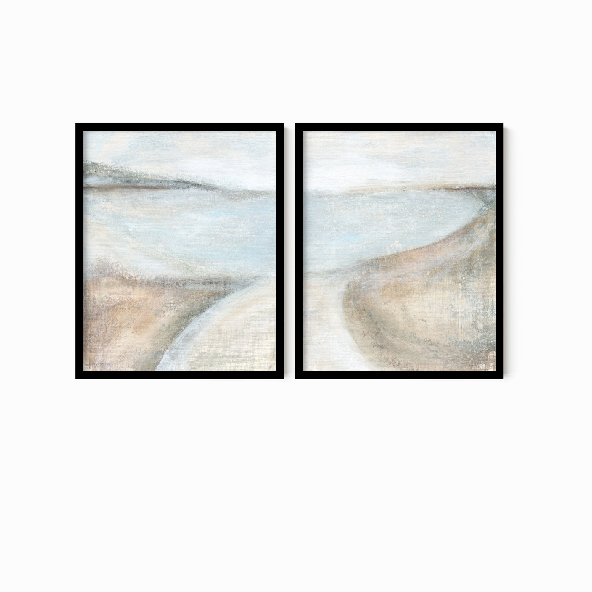 Set of 2 Transcend - abstract coastal beach landscape original painting fine are print set of 2 (diptych) in muted green, blue, beige, brown, white, light gray and white; framed in black oak by NLS Design. Large neutral gallery wall art for living rooms, bedrooms, entryways, offices, bathrooms, and above sofas and beds. Modern coastal, farmhouse, coastal grandmother, quiet luxury, modern, minimalist, vintage design. Artwork by NLS Design, nlsdesignllc.com. Real art by a real artist - NO AI. 