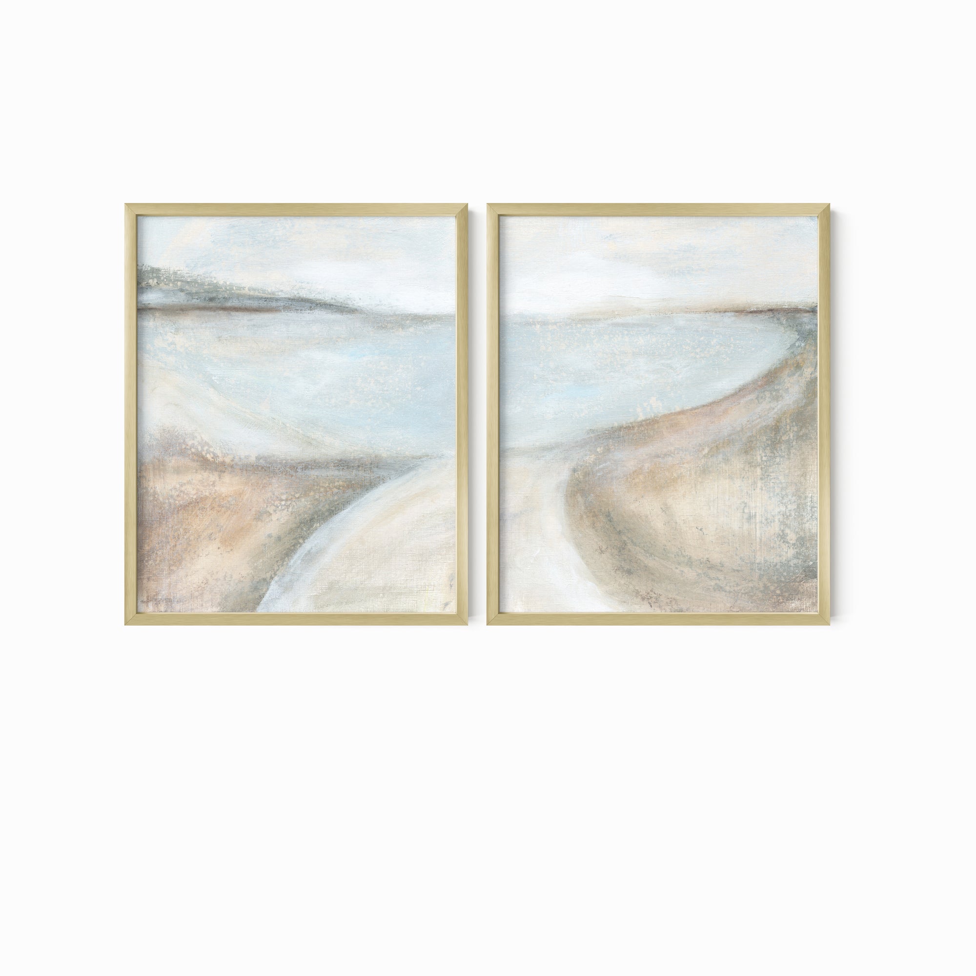 Set of 2 Transcend - abstract coastal beach landscape original painting fine are print set of 2 (diptych) in muted green, blue, beige, brown, white, light gray and white; framed in gold metal by NLS Design. Large neutral gallery wall art for living rooms, bedrooms, entryways, offices, bathrooms, and above sofas and beds. Modern coastal, farmhouse, coastal grandmother, quiet luxury, modern, minimalist, vintage design. Artwork by NLS Design, nlsdesignllc.com. Real art by a real artist - NO AI. 