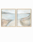 Set of 2 Transcend - abstract coastal beach landscape original painting fine are print set of 2 (diptych) in muted green, blue, beige, brown, white, light gray and white; framed in natural oak by NLS Design. Large neutral gallery wall art for living rooms, bedrooms, entryways, offices, bathrooms, and above sofas and beds. Modern coastal, farmhouse, coastal grandmother, quiet luxury, modern, minimalist, vintage design. Artwork by NLS Design, nlsdesignllc.com. Real art by a real artist - NO AI. 