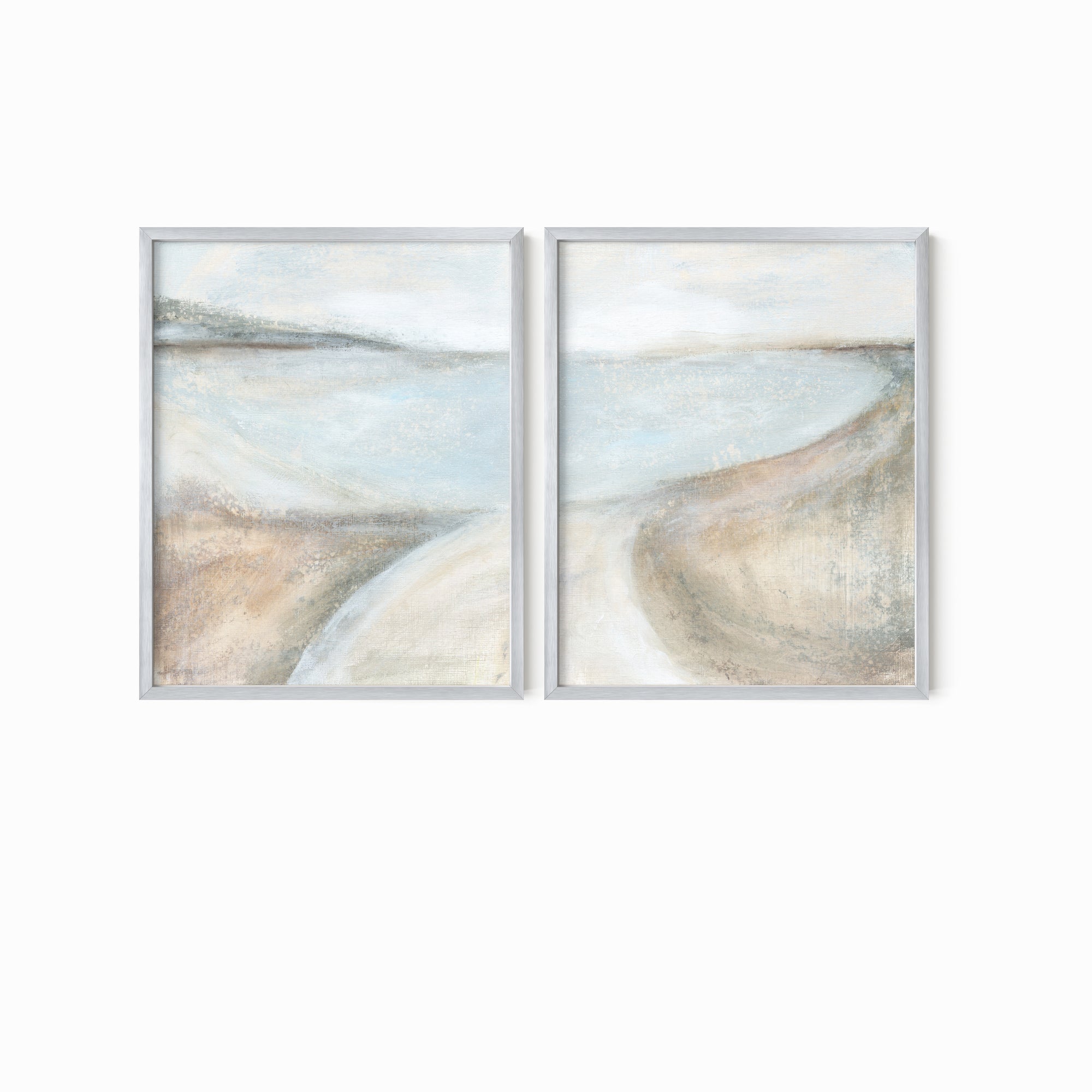 Set of 2 Transcend - abstract coastal beach landscape original painting fine are print set of 2 (diptych) in muted green, blue, beige, brown, white, light gray and white; framed in silver metal by NLS Design. Large neutral gallery wall art for living rooms, bedrooms, entryways, offices, bathrooms, and above sofas and beds. Modern coastal, farmhouse, coastal grandmother, quiet luxury, modern, minimalist, vintage design. Artwork by NLS Design, nlsdesignllc.com. Real art by a real artist - NO AI. 