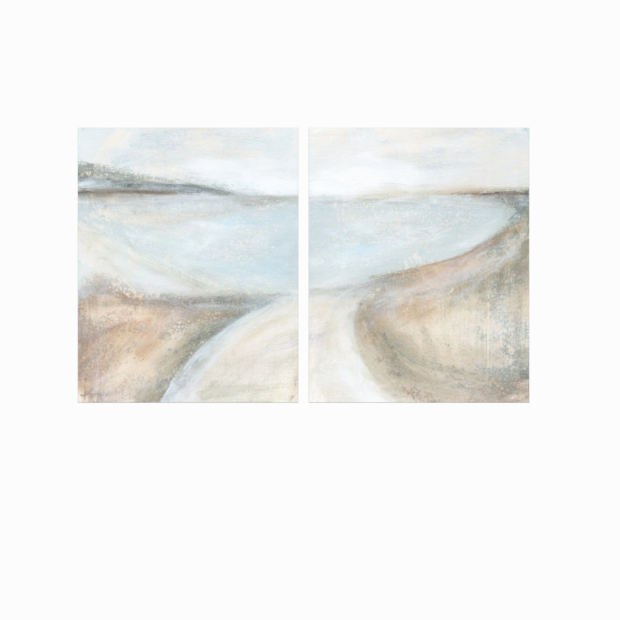 Set of 2 Transcend - abstract coastal beach landscape original painting fine are print set of 2 (diptych) in muted green, blue, beige, brown, white, light gray and white; unframed by NLS Design. Large neutral gallery wall art for living rooms, bedrooms, entryways, offices, bathrooms, and above sofas and beds. Modern coastal, farmhouse, coastal grandmother, quiet luxury, modern, minimalist, vintage design. Artwork by NLS Design, nlsdesignllc.com. Real art by a real artist - NO AI. 