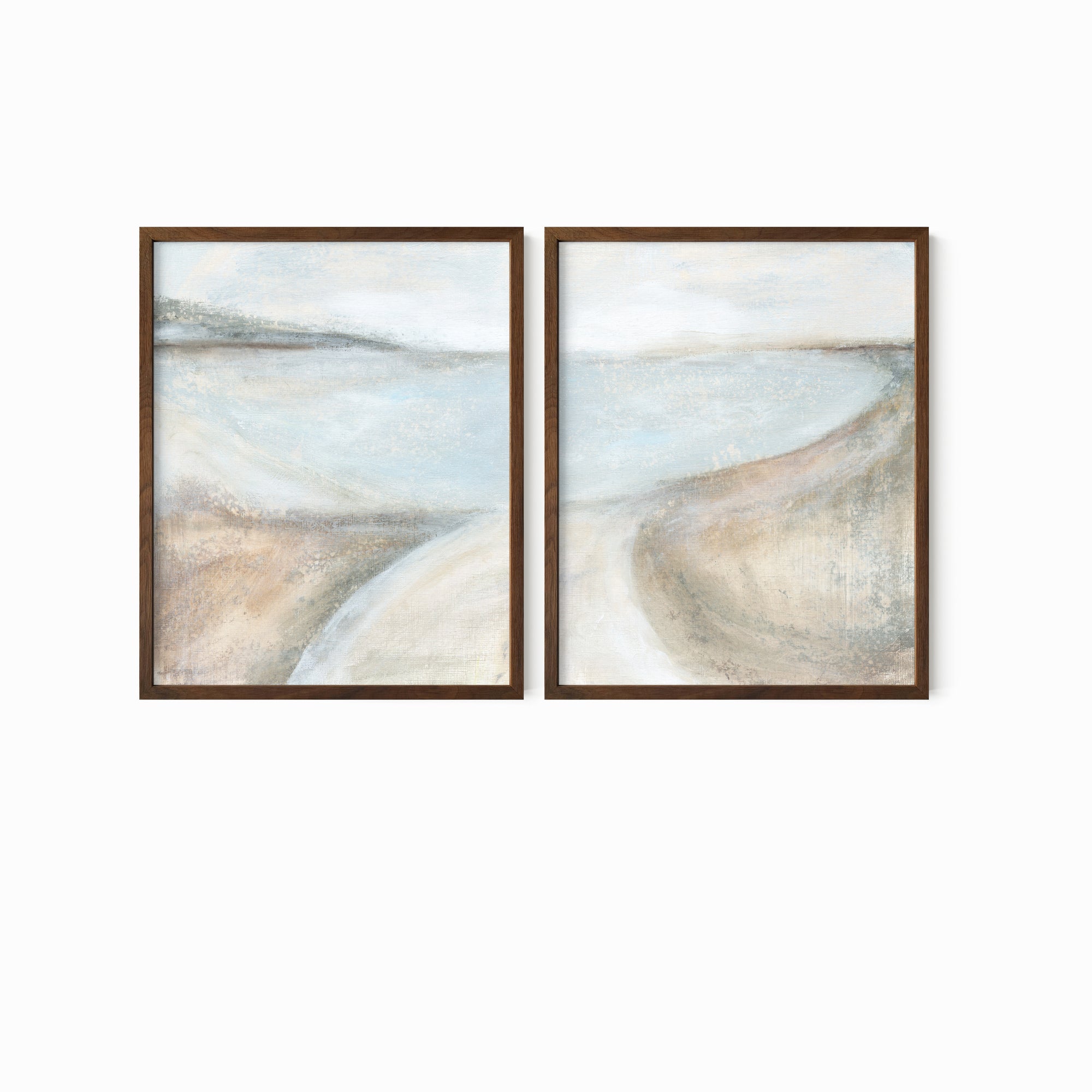 Set of 2 Transcend - abstract coastal beach landscape original painting fine are print set of 2 (diptych) in muted green, blue, beige, brown, white, light gray and white; framed in walnut oak by NLS Design. Large neutral gallery wall art for living rooms, bedrooms, entryways, offices, bathrooms, and above sofas and beds. Modern coastal, farmhouse, coastal grandmother, quiet luxury, modern, minimalist, vintage design. Artwork by NLS Design, nlsdesignllc.com. Real art by a real artist - NO AI. 