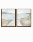 Set of 2 Transcend - abstract coastal beach landscape original painting fine are print set of 2 (diptych) in muted green, blue, beige, brown, white, light gray and white; framed in walnut oak by NLS Design. Large neutral gallery wall art for living rooms, bedrooms, entryways, offices, bathrooms, and above sofas and beds. Modern coastal, farmhouse, coastal grandmother, quiet luxury, modern, minimalist, vintage design. Artwork by NLS Design, nlsdesignllc.com. Real art by a real artist - NO AI. 