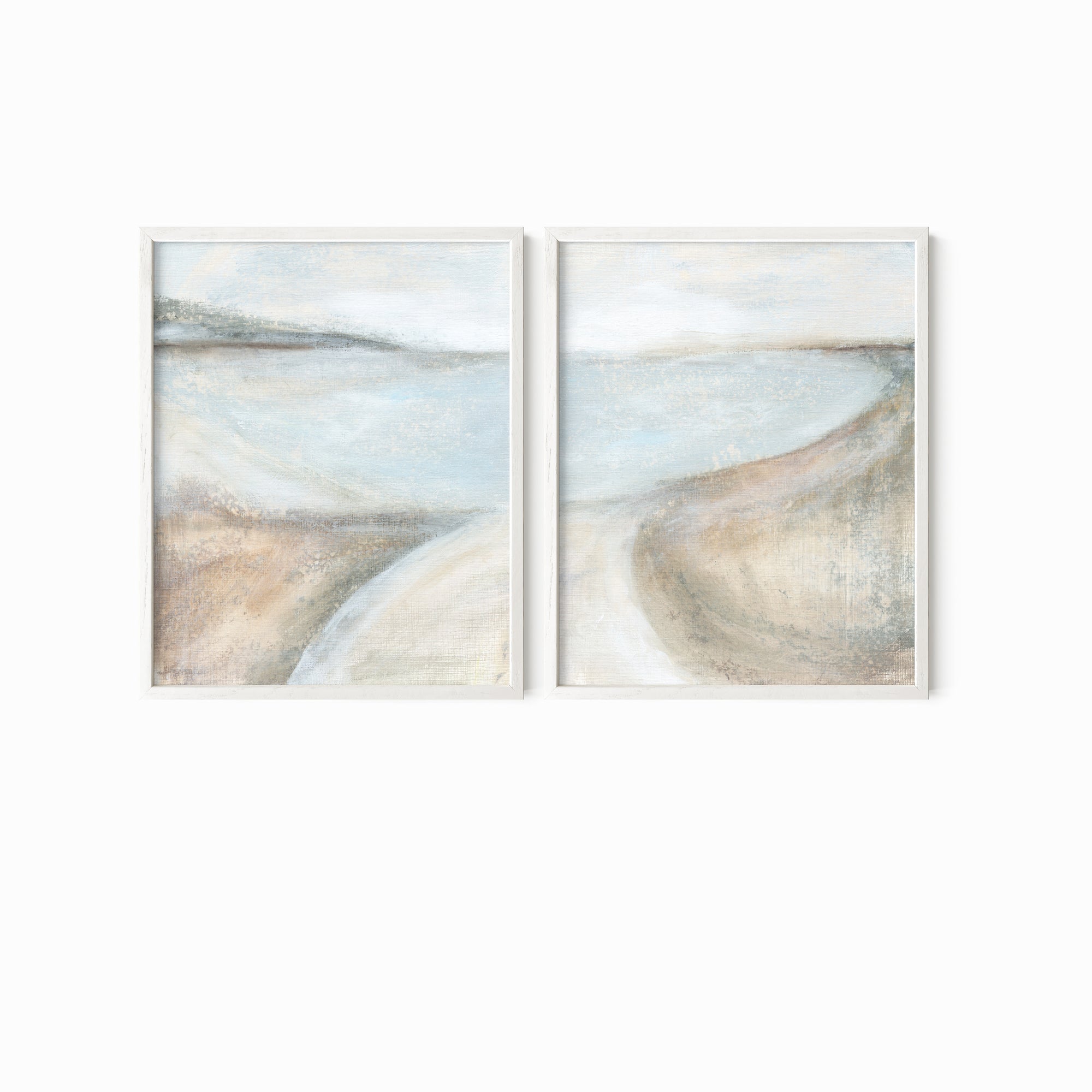 Set of 2 Transcend - abstract coastal beach landscape original painting fine are print set of 2 (diptych) in muted green, blue, beige, brown, white, light gray and white; framed in white oak by NLS Design. Large neutral gallery wall art for living rooms, bedrooms, entryways, offices, bathrooms, and above sofas and beds. Modern coastal, farmhouse, coastal grandmother, quiet luxury, modern, minimalist, vintage design. Artwork by NLS Design, nlsdesignllc.com. Real art by a real artist - NO AI. 
