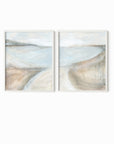 Set of 2 Transcend - abstract coastal beach landscape original painting fine are print set of 2 (diptych) in muted green, blue, beige, brown, white, light gray and white; framed in white oak by NLS Design. Large neutral gallery wall art for living rooms, bedrooms, entryways, offices, bathrooms, and above sofas and beds. Modern coastal, farmhouse, coastal grandmother, quiet luxury, modern, minimalist, vintage design. Artwork by NLS Design, nlsdesignllc.com. Real art by a real artist - NO AI. 