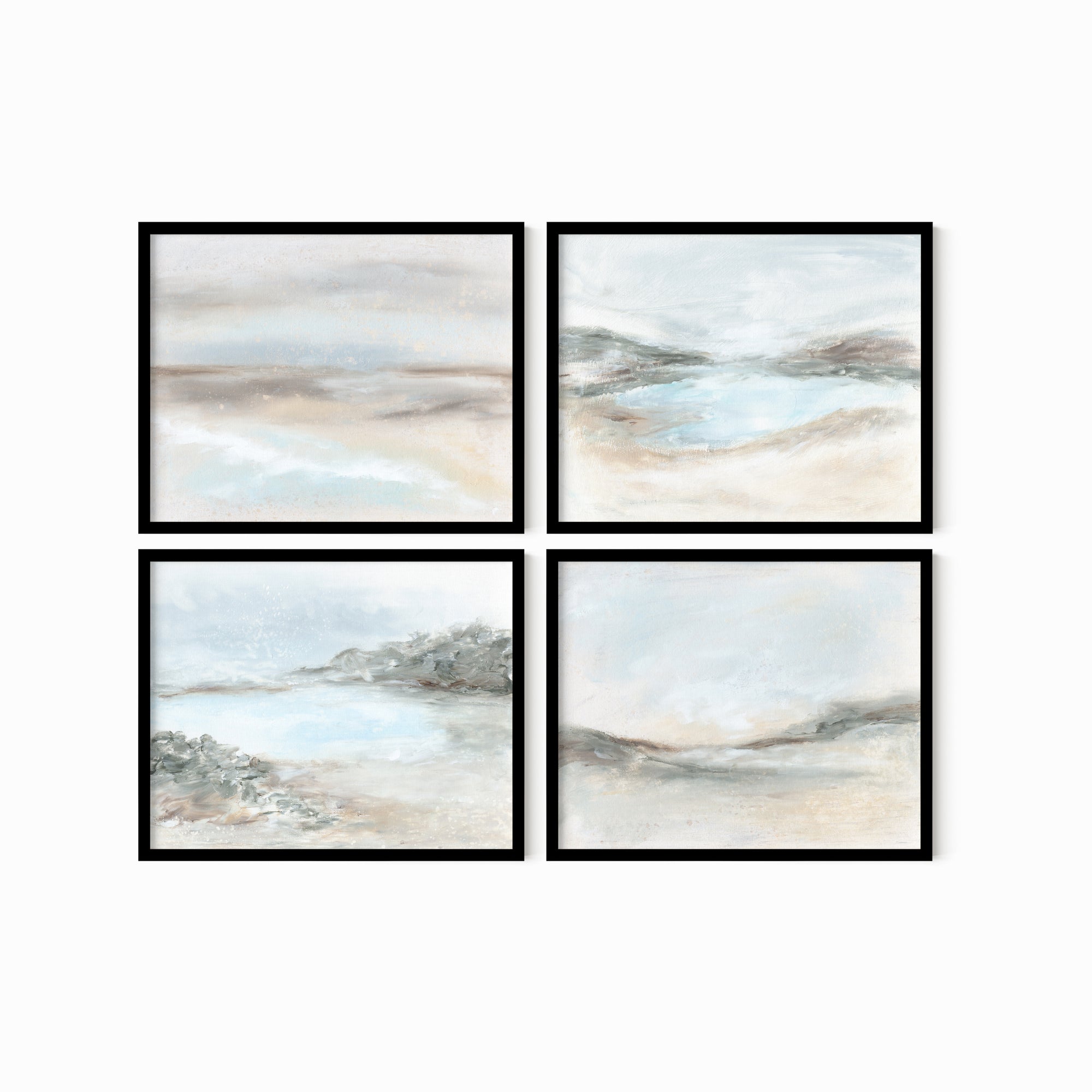 Set of 4 Calming Light Collection by NLS Design - horizontal soft muted abstract landscape original paintings fine art prints in green, blue, beige, gray, cream, brown and white; framed in black oak. Large neutral wall art set for living rooms, bedrooms, and above sofas and beds.