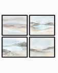 Set of 4 Calming Light Collection by NLS Design - horizontal soft muted abstract landscape original paintings fine art prints in green, blue, beige, gray, cream, brown and white; framed in black oak. Large neutral wall art set for living rooms, bedrooms, and above sofas and beds.
