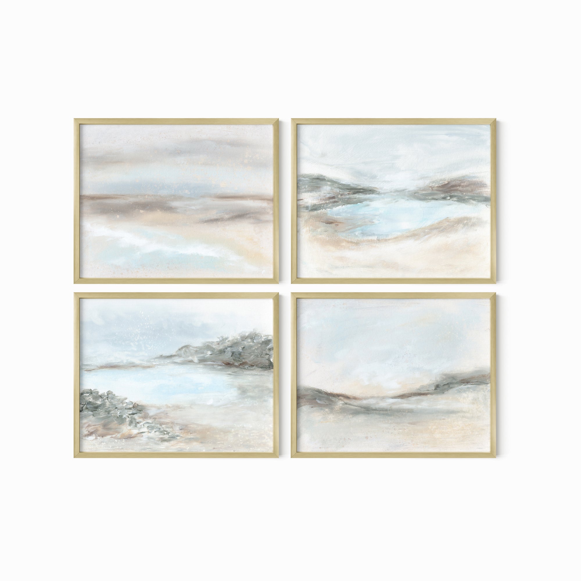 Set of 4 Calming Light Collection by NLS Design - horizontal soft muted abstract landscape original paintings fine art prints in green, blue, beige, gray, cream, brown and white; framed in gold metal. Large neutral wall art set for living rooms, bedrooms, and above sofas and beds.