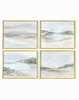 Set of 4 Calming Light Collection by NLS Design - horizontal soft muted abstract landscape original paintings fine art prints in green, blue, beige, gray, cream, brown and white; framed in gold metal. Large neutral wall art set for living rooms, bedrooms, and above sofas and beds.