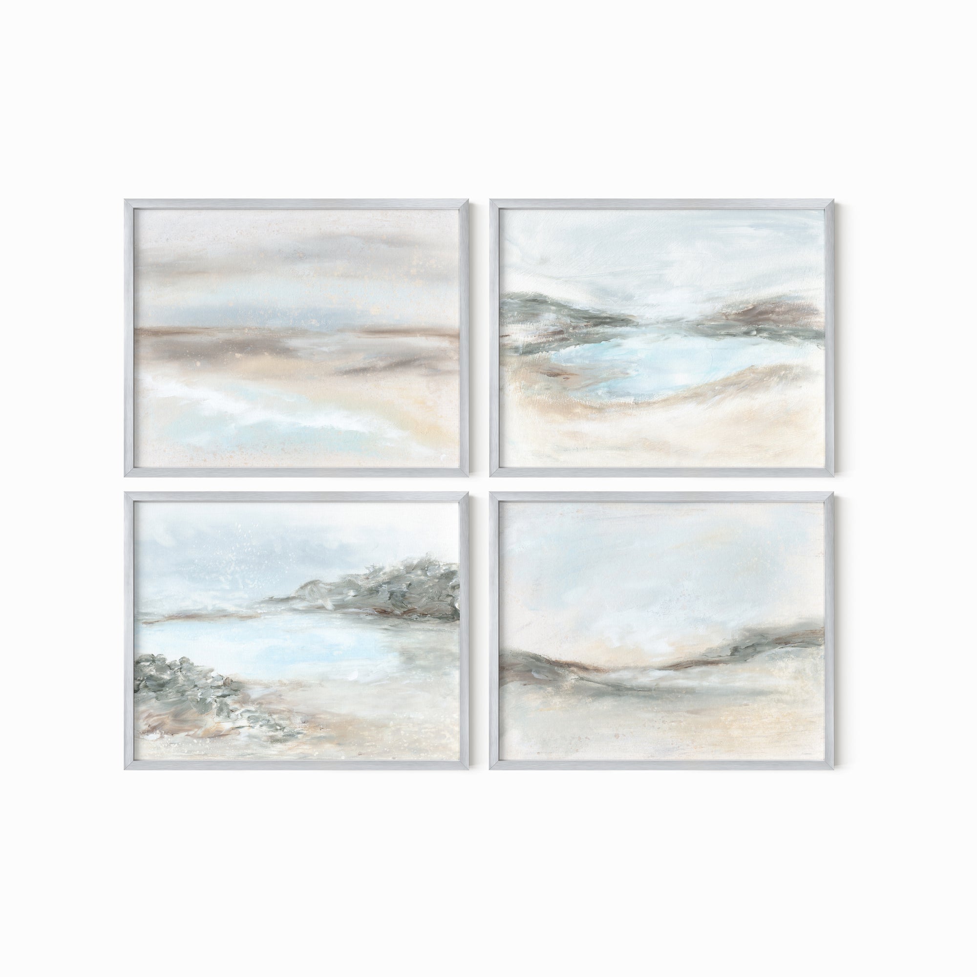 Set of 4 Calming Light Collection by NLS Design - horizontal soft muted abstract landscape original paintings fine art prints in green, blue, beige, gray, cream, brown and white; framed in silver metal. Large neutral wall art set for living rooms, bedrooms, and above sofas and beds.