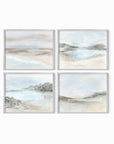 Set of 4 Calming Light Collection by NLS Design - horizontal soft muted abstract landscape original paintings fine art prints in green, blue, beige, gray, cream, brown and white; framed in silver metal. Large neutral wall art set for living rooms, bedrooms, and above sofas and beds.