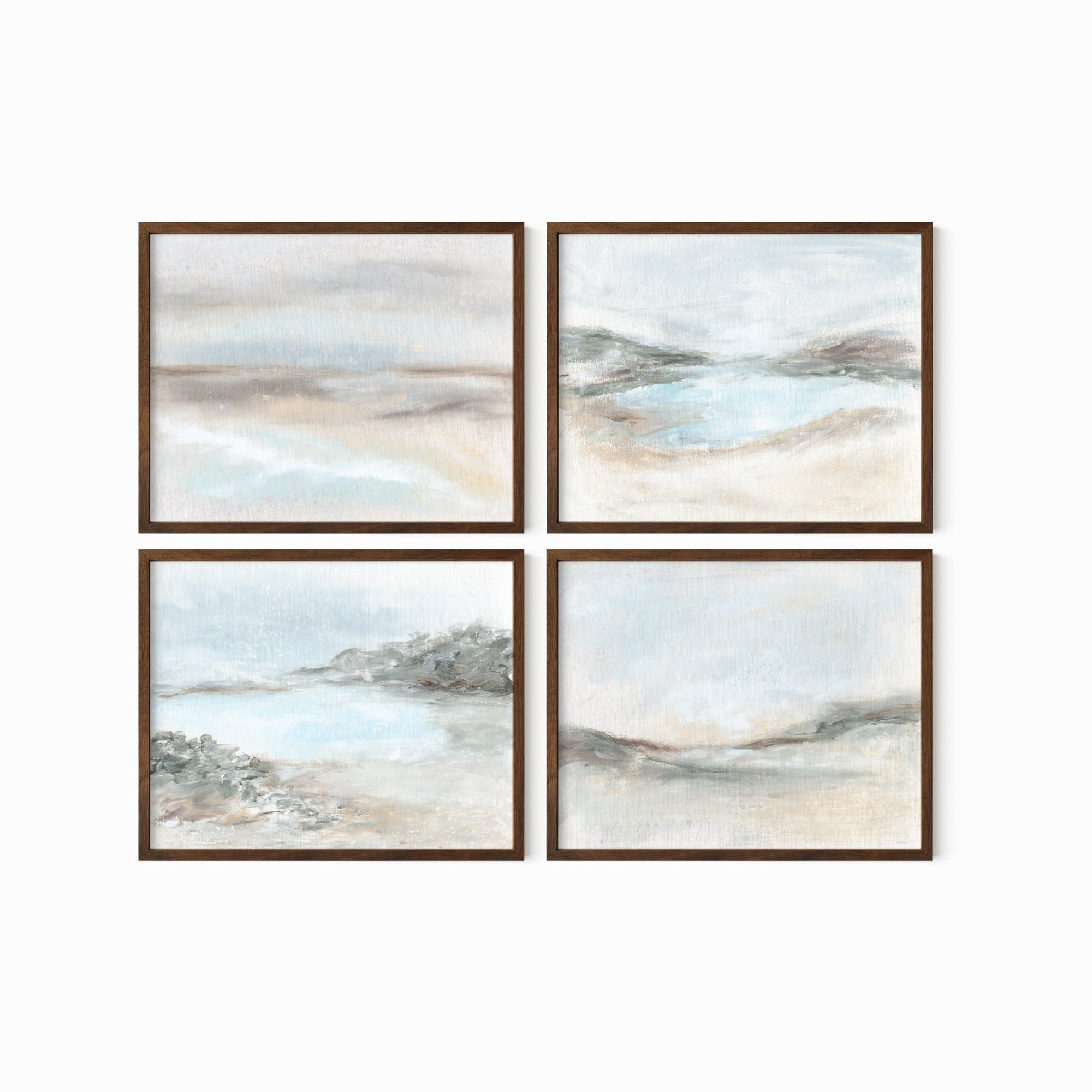 Set of 4 Calming Light Collection by NLS Design - horizontal soft muted abstract landscape original paintings fine art prints in green, blue, beige, gray, cream, brown and white; framed in walnut stained oak. Large neutral wall art set for living rooms, bedrooms, and above sofas and beds.